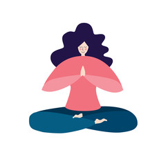 Vector illustration of a smiling meditating woman in the Lotus pose. Modern bright flat character sitting with prayer hands. Cute minimalist yoga girl isolated on white. - Vector 