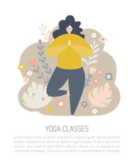 Vector illustration of a plus size yogi woman meditating in the Tree pose. Cute flat female character. Oversized girl with doodle flowers, leaves and plants. Body positive card and banner design. - Ve