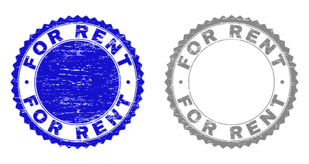 Grunge FOR RENT stamp seals isolated on a white background. Rosette seals with grunge texture in blue and gray colors. Vector rubber stamp imitation of FOR RENT label inside round rosette.