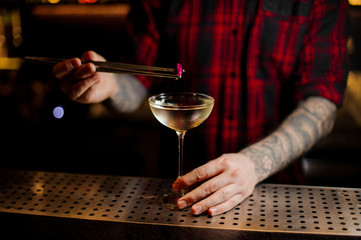 Fototapeta na wymiar Bartender decorating elegant cocktail with a little rose bud