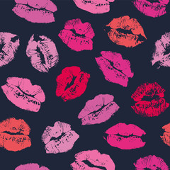 Vector seamless pattern with imprint kiss red lips