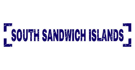 SOUTH SANDWICH ISLANDS text seal print with distress texture. Text title is placed between corners. Blue vector rubber print of SOUTH SANDWICH ISLANDS with dust texture.