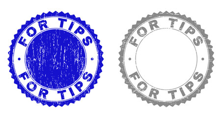 Grunge FOR TIPS stamp seals isolated on a white background. Rosette seals with grunge texture in blue and grey colors. Vector rubber stamp imitation of FOR TIPS title inside round rosette.