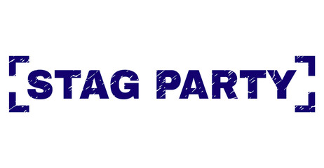 STAG PARTY label seal print with grunge texture. Text caption is placed between corners. Blue vector rubber print of STAG PARTY with retro texture.