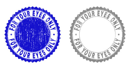 Grunge FOR YOUR EYES ONLY stamp seals isolated on a white background. Rosette seals with grunge texture in blue and grey colors. Vector rubber overlay of FOR YOUR EYES ONLY title inside round rosette.