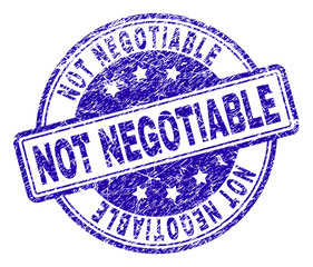 NOT NEGOTIABLE stamp seal watermark with grunge texture. Designed with rounded rectangles and circles. Blue vector rubber print of NOT NEGOTIABLE text with corroded texture.