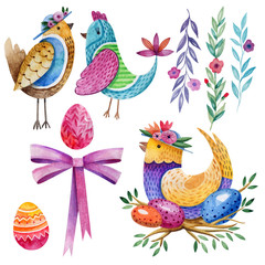 Easter set. Elements for your design. Watercolor drawing. Flora and fauna. Fabulous birds in hats. Easter eggs. Twigs with flowers, pink bow. Spring mood. Isolated objects on white background.