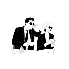  A couple of men and women, fashionable young girl in glasses, brutal guy in stylish clothes, people with coffee, a book or a newspaper