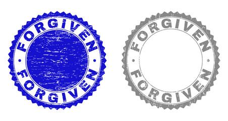 Grunge FORGIVEN stamp seals isolated on a white background. Rosette seals with grunge texture in blue and grey colors. Vector rubber watermark of FORGIVEN tag inside round rosette.