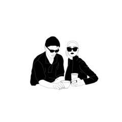  A couple of men and women, fashionable young girl in glasses, brutal guy in stylish clothes, people with coffee, a book or a newspaper