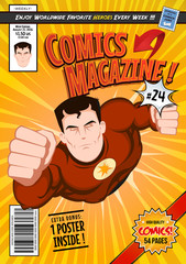Comic Book Cover Template/ Illustration of a cartoon editable comic book cover template, with super hero character flying, titles and subtitles to customize, and wrong bar code and label - 247954338