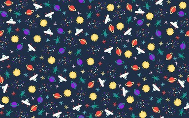 Seamless vector pattern with cartoon elements of space. Handrawn cosmic- background. - 247954347