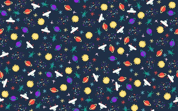 Seamless vector pattern with cartoon elements of space. Handrawn cosmic- background.