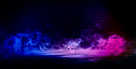 Background of an empty dark room. Empty walls, neon light, smoke, smog. Blue and pink smoke, ultraviolet light in the dark.