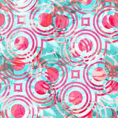 Seamless pattern watercolor effect. Bright print with ethnic circles. Mixed background.