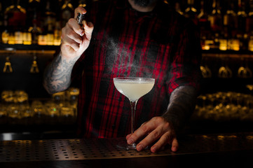 Bartender sprinkling elegant cocktail glass with alcoholic drink with bitter