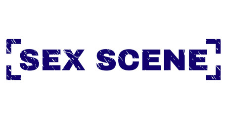 SEX SCENE tag seal print with corroded texture. Text tag is placed between corners. Blue vector rubber print of SEX SCENE with unclean texture.