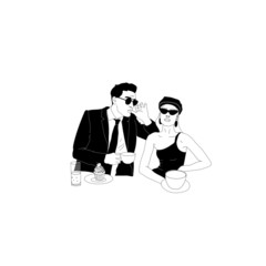 Couple man and woman, stylish young people with coffee, relationship, meeting, chat, business. Fashionable girl with glasses. Brutal man with glasses. Graphic monochrome vector illustration.