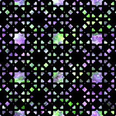 Geometric colorful mosaic on a black background in arabesque style. Seamless pattern textured with melange hand drawn backdrop. - Illustration 