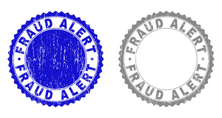 Grunge FRAUD ALERT stamp seals isolated on a white background. Rosette seals with distress texture in blue and gray colors. Vector rubber stamp imprint of FRAUD ALERT tag inside round rosette.