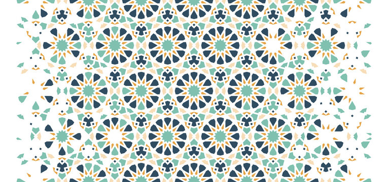 Arabesque vector seamless pattern. Geometric halftone texture with color tile disintegration or breaking - Vector 