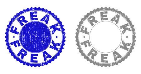 Grunge FREAK stamp seals isolated on a white background. Rosette seals with grunge texture in blue and grey colors. Vector rubber stamp imprint of FREAK label inside round rosette.