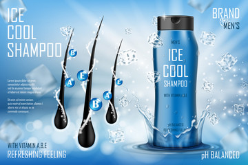 Cooling men s shampoo gel with splashing water and ice cubes . Realistic plastic hair shampoo packaging ad for poster. men s care product design. 3d vector illustration