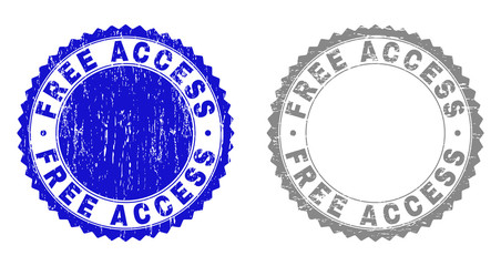 Grunge FREE ACCESS stamp seals isolated on a white background. Rosette seals with distress texture in blue and gray colors. Vector rubber stamp imitation of FREE ACCESS caption inside round rosette.