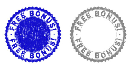 Grunge FREE BONUS! stamp seals isolated on a white background. Rosette seals with distress texture in blue and grey colors. Vector rubber stamp imprint of FREE BONUS! tag inside round rosette.