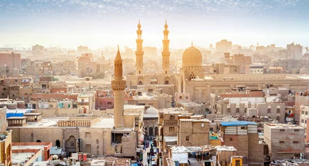 Foto op Canvas CAIRO, EGYPT - OCTOBER 12, 2018: Panorama of the medieval Bab Zuweila gate located in the heart of Islamic Cairo and surrounded by noisy Arab souq (market), on October 12 in Cairo. © Konstantin