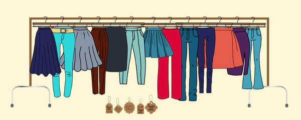 Vector illustration of clothes on hangers - skirts, pants. Also presented shoes.