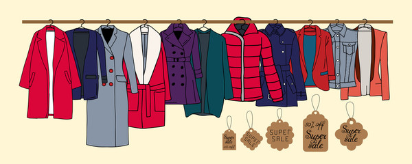 Vector illustration of warm outerwear that hangs on hangers. Also presented tags and an indication of sales.