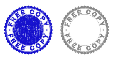 Grunge FREE COPY stamp seals isolated on a white background. Rosette seals with grunge texture in blue and gray colors. Vector rubber stamp imprint of FREE COPY caption inside round rosette.