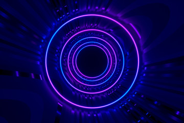 Round tunnel with reflective walls and neon circle illumination 3D Illustration