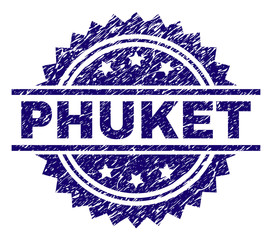 PHUKET stamp seal watermark with distress style. Blue vector rubber print of PHUKET caption with retro texture.