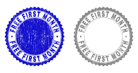 Grunge FREE FIRST MONTH stamp seals isolated on a white background. Rosette seals with distress texture in blue and grey colors. Vector rubber overlay of FREE FIRST MONTH tag inside round rosette.