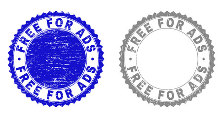 Grunge FREE FOR ADS stamp seals isolated on a white background. Rosette seals with distress texture in blue and grey colors. Vector rubber stamp imprint of FREE FOR ADS label inside round rosette.