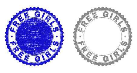 Grunge FREE GIRLS stamp seals isolated on a white background. Rosette seals with grunge texture in blue and gray colors. Vector rubber stamp imprint of FREE GIRLS tag inside round rosette.