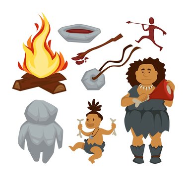 Stone age primitive people and devices woman and baby