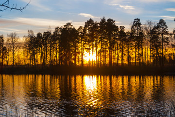 Beautiful autumn landscape of Kymijoki river waters at sunset. Finland, Kymenlaakso, Kouvola.