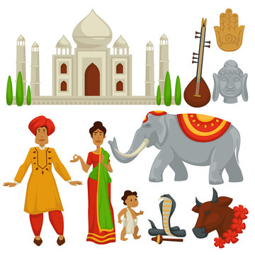 India travel culture symbols architecture and animals man and woman