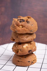 homemade Chocolate cookies on white line plate. closeup focus.