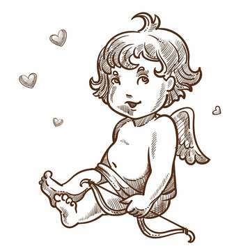 Valentines day cupid angel with wings and bow sketch