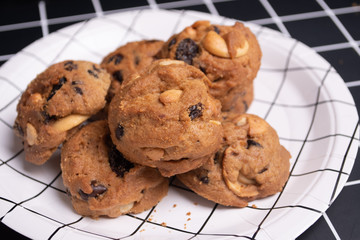 homemade Chocolate cookies on white line plate. closeup focus.