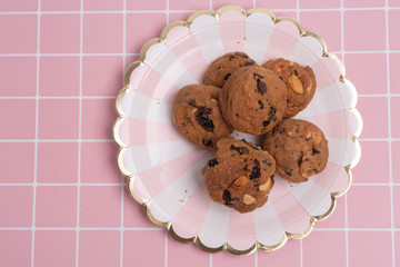 homemade Chocolate cookies on white line plate. closeup focus.
