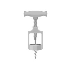 Corkscrew with spiral metal rod. Steel bottle-opener. Kitchen device for pulling corks from bottles. Flat vector icon