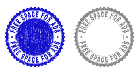 Grunge FREE SPACE FOR ADS watermarks isolated on a white background. Rosette seals with grunge texture in blue and gray colors.