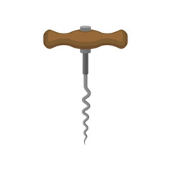 Basic corkscrew with brown wooden handle and spiral metal rod. Kitchen tool used to open wine bottles. Flat vector icon