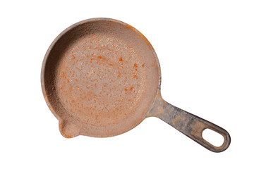 old round cast iron pan with handle. rusty metal utensils. isolate