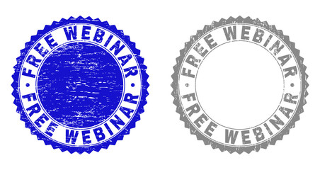Grunge FREE WEBINAR stamp seals isolated on a white background. Rosette seals with distress texture in blue and grey colors. Vector rubber overlay of FREE WEBINAR text inside round rosette.